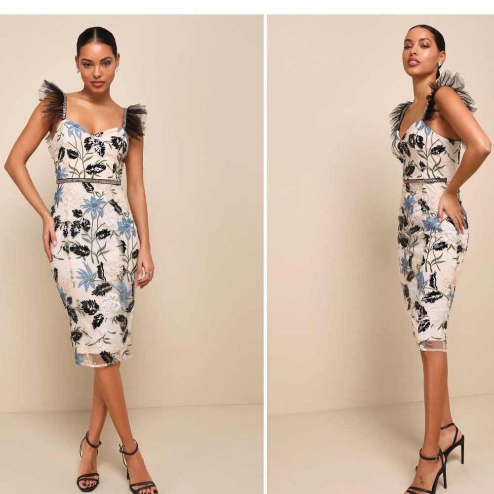 Lulu’s Cream Embroidered Sequin Bodycon Mididress, Size Small, NWT